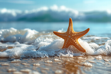 Starfish on the beach sand in the sea waves and spray on a sunny day. Summer, holiday or nature theme.