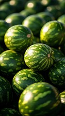 Close-up of many watermelons, vibrant green and striped
