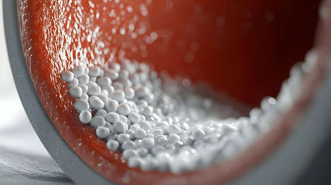 Close-up view of a section of a tube.  Inside the tube, numerous small, white, spherical objects are clustered along the inner surface.  