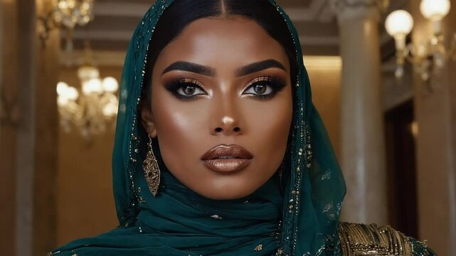 A portrait of a woman in an emerald green hijab, with striking makeup, in front of an ornate background. Her elegant attire and captivating eyes exude grace