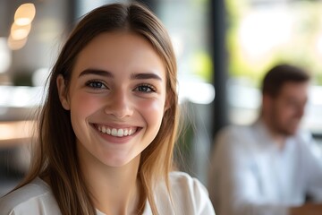 Fototapeta premium A young woman smiles brightly as she receives recognition from her boss, appreciating her hard work and dedication.