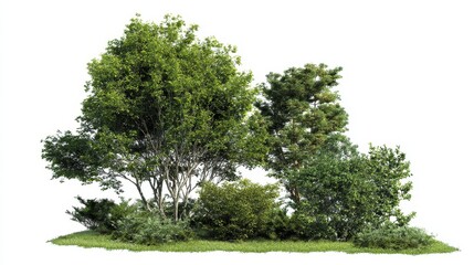 Obraz premium Lush Green Trees and Shrubs Arranged Against a White Background Showcasing Dense Foliage and Diverse Plant Life for Natural Beauty Illustrations