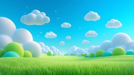 Vibrant Pixelated Meadow Landscape with Rolling Green Hills Fluffy White Clouds and Bright Blue Sky in a Pastoral Setting