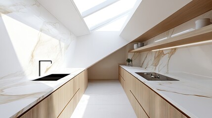 Obraz premium Modern kitchen interior with natural light and marble accents.