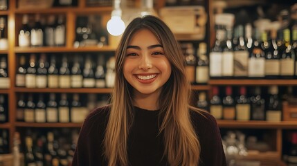 A young woman smiles warmly in front of shelves stocked with wine bottles, her passion for the finer things evident.