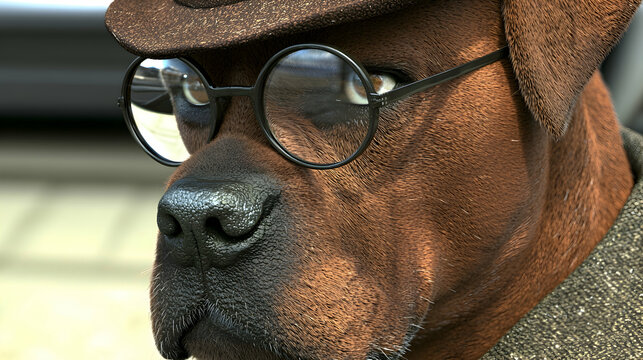 Dog wearing hat and glasses, city street background, humorous pet portrait, ideal for websites or greeting cards