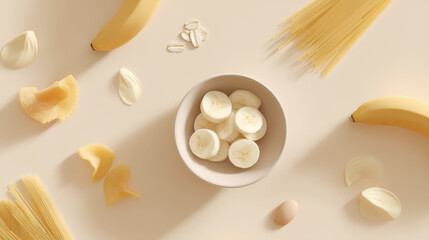 symmetrical isometric background featuring various carbohydrate sources like oatmeal fruits and pasta