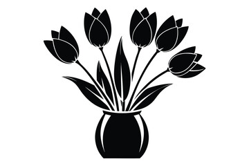 Silhouette Bouquet Stylized Black Tulips in Vase, Modern Floral Design, Bold Graphics