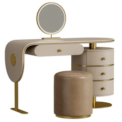 A vanity with a mirror and a stool