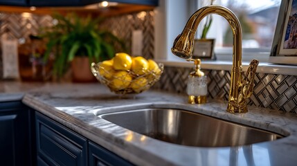 Obraz premium Gleaming gold faucet adorns elegant kitchen sink