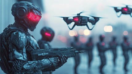 Fototapeta premium Robotic soldiers, drones, futuristic warfare scene.