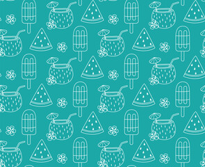 Seamless pattern with summer sweets drawn in doodle style. Blue background with contour white elements 