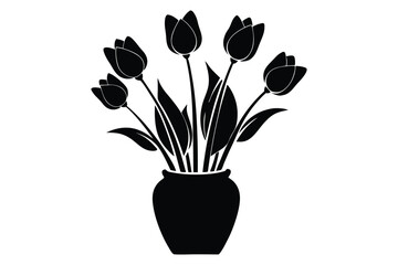 Elegant Black Silhouette of Tulips in Vase | Floral Vector Illustration
