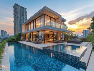 Fototapeta premium Modern luxury villa with swimming pool at sunset in a vibrant cityscape