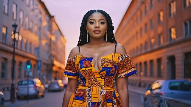 An elegant woman confidently posing in a vibrant dress against a backdrop of a European street
