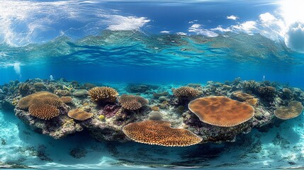 Naklejka premium Underwater panorama of a vibrant coral reef with diverse coral formations and clear blue ocean water above