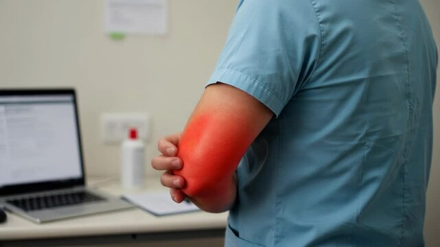 Medical Professional Assessing Elbow Pain in Clinic with Computer Nearby and Professional Environment