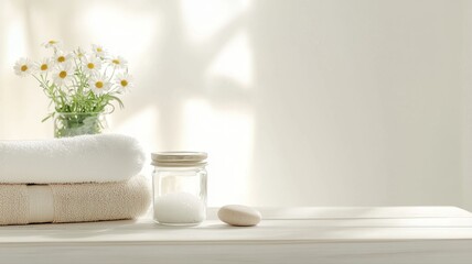 Spa and Wellness Still Life with Towels, Bath Salts, and Flowers spa wellness bath flowers bathroom