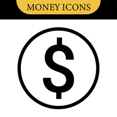 Money dollar icon symbol Coin icon logo in flat style. Vector element. Business icons, financial icons, enrichment, dollar, currency. Illustration of dollar, marketing