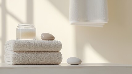 Relaxing Spa Scene with Stacked Towels and Wellness Elements spa wellness towels self care bathroom