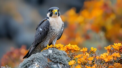 Falcon perched on rock, autumnal background