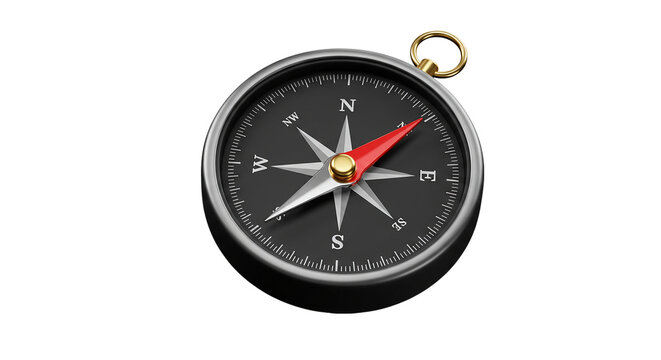 A compass with a black face and a red needle pointing north on a black background in close up view