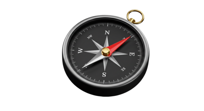 A compass with a black face and a red needle pointing north on a black background in close up view