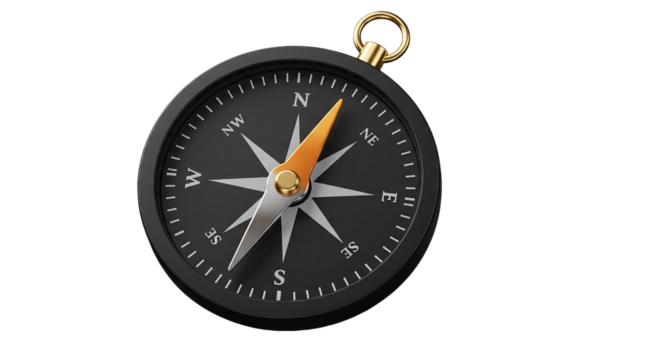 A close up view of a black compass with gold accents on a black background showing direction