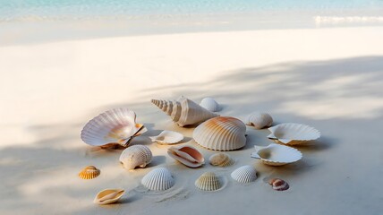 Seashells on the Shore: A captivating view of various seashells, arranged on a sandy shoreline with the tranquil sea gently lapping in the background. Capturing the serene beauty of nature's artistry.