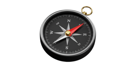 A compass with a black face and a red needle pointing north on a black background in close up view