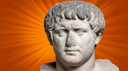 Aged marble visage exudes eternal wisdom, evoking ancient history and obscure Sun God festivals, against an amber sunburst backdrop