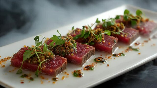 Close up view of seared tuna slices arranged on a rectangular white plate. Each piece is topped with a sprinkle of herbs and a light, airy sauce. A subtle smoke effect adds to the visual appeal.