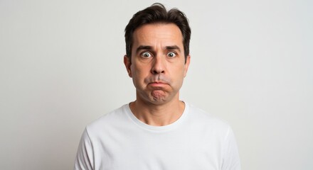 Obraz premium A man with a shocked expression on his face, conveying surprise or disbelief in a studio.