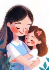 Affectionate Embrace Mother and Daughter in Gentle Hug Cartoon Illustration Featuring Warm Colors and White Background with Floral Accents Celebrating Family Love