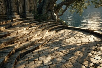 Sunlit Ancient Steps Leading to Serene Waters