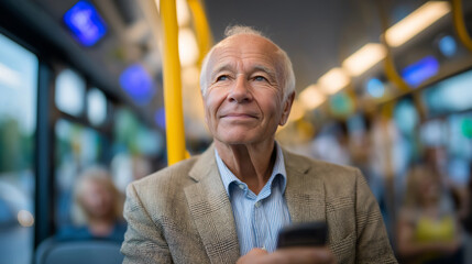 Elderly man using smartphone on a crowded urban bus