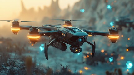 Futuristic drone flies above desolate, glowing landscape.