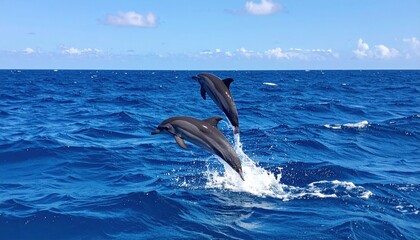 Dynamic Duo: Two Dolphins Leaping in Oceanic Splendor Under a Brilliant Sky