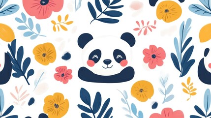 Cute panda faces amidst flowers and leaves