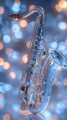 A gleaming saxophone, seemingly made of glass or crystal, stands against a backdrop of soft, blurred lights.  The instrument reflects the light beautifully