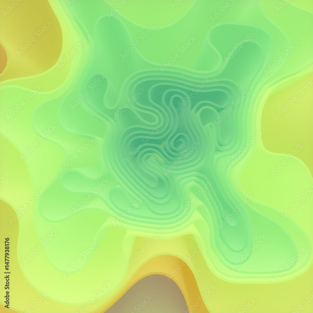 Aufkleber Abstract illustration of organic shapes smoothly flowing into a complex pattern. The color palette combines rich yellows, greens and purples to create a fluid effect. 3d rendering