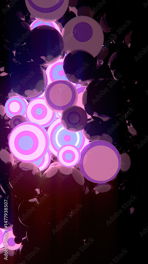 Fototapete Futuristic illustration with black mirrored spheres that emit a shimmering glow. Their smooth surfaces reflect ambient light, alternating between bright highlights and deep darkness. 3d rendering