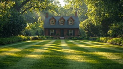 Quaint house, lush lawn, morning light