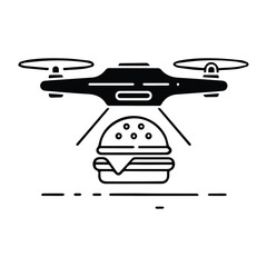 Food delivery drone with burger. Icon for design. Blank, white and black backgrounds - Line icon