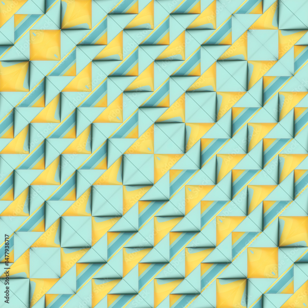 Poster illustration with a pattern of yellow-blue cones on a light blue background. symmetry, brightness an