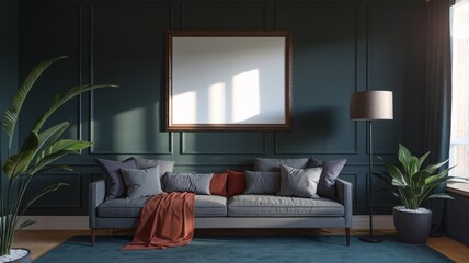 Modern living room with a grey sofa, plants, and a warm, inviting atmosphere.