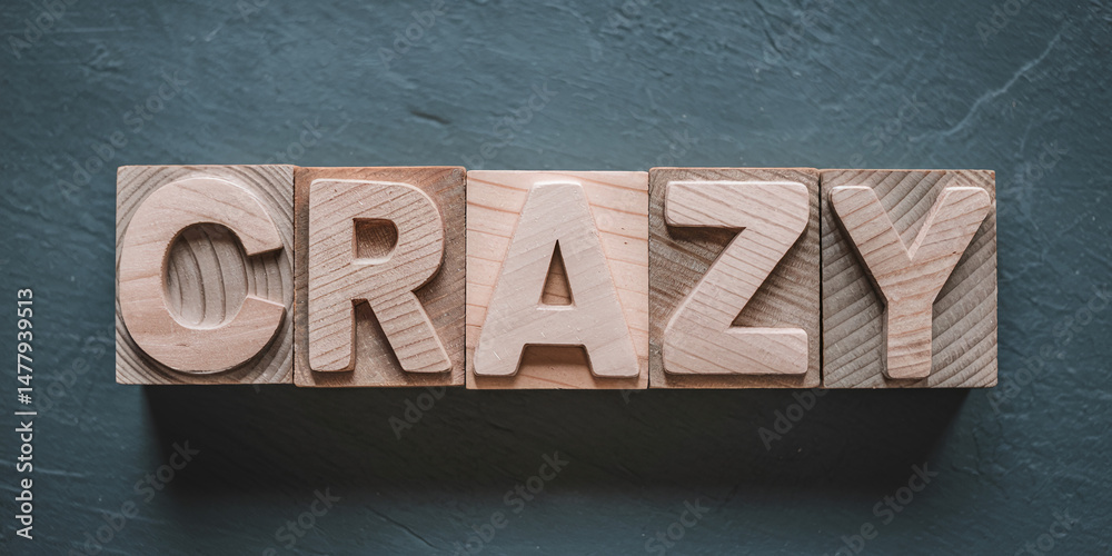 Poster wooden blocks spelling crazy on dark gray background, showcasing a simple yet impactful design conce