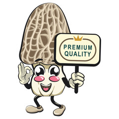 Cute Morchella mushroom vektor illustration mascot character carrying a sign board that says premium quality while giving an okay sign, work of hand drawn