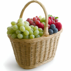 Fresh fruit basket with grapes and berries, healthy summer harvest, white background, food photography for websites or recipe books