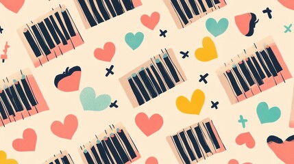 Cute piano keys and hearts pattern